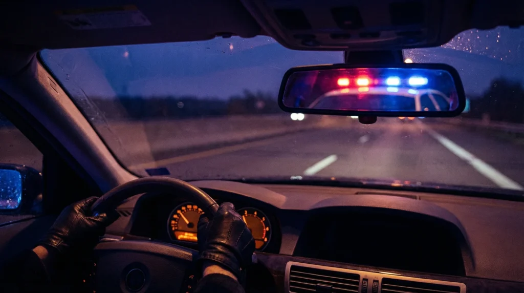 Police lights reflected in a driver's rear-view mirror